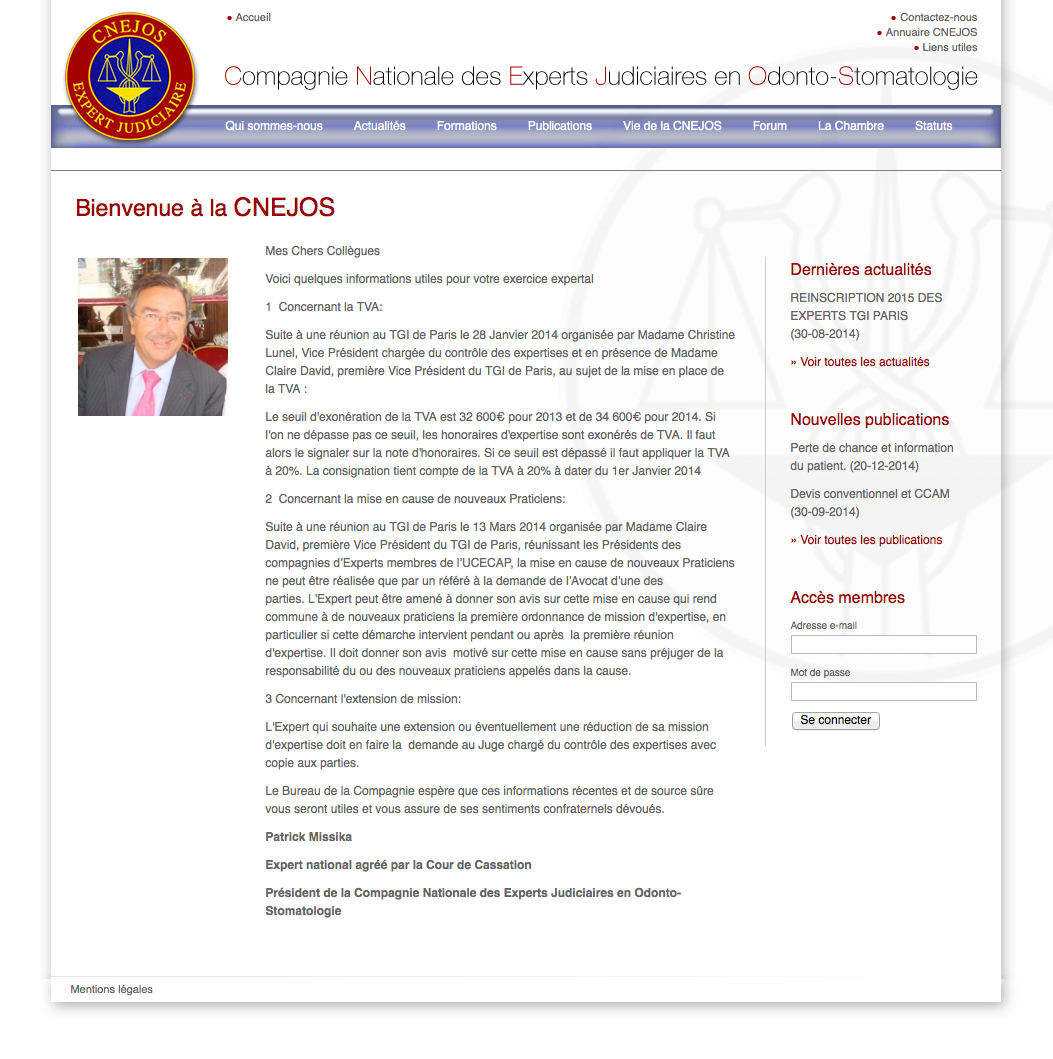 CNEJOS (Compagnie Nationale des Experts Judiciaires en Odonto-Stomatologie) website